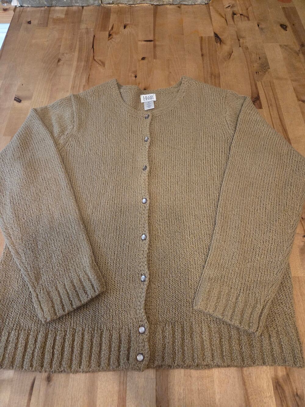 Vintage Leon Levin Soft Textured Knit Cardigan Sweater Tan Camel Gold Size L
